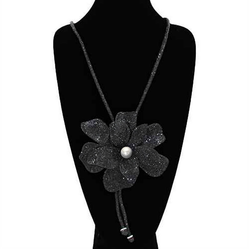 Jet Black Bling Studded Bolo Tie Pearl Flower Pendant Bold Statement Necklace